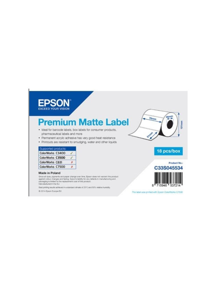 ROLL OF LABELS EPSON PREMIUM MATTE 76X51MM 650 LABELS