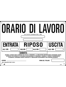 CARTELLO ORARIO DI LAVORO 30x20 cm
